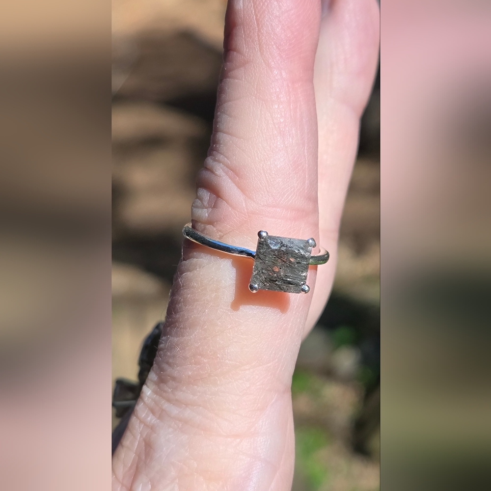 Rutilated Quarts Natural 3.5k Solitaire Emerald  Cut Sterling Ring Sz7.5 - Picture 4 of 12